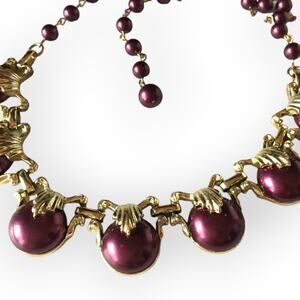 Vintage plum-berry necklace, gold tone, hook and bead clasp